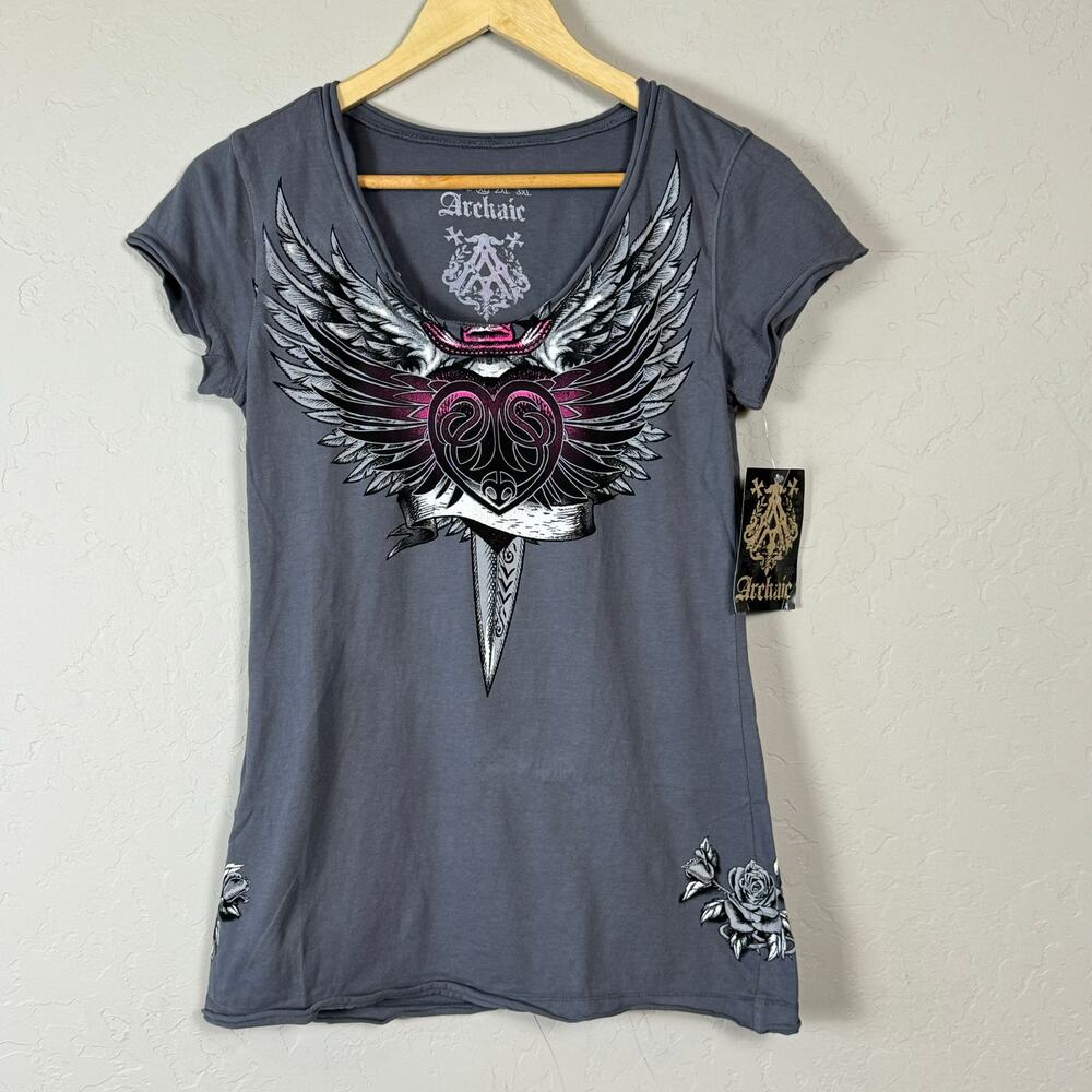 Archaic Gray Graphic Blouse with Pink Accents